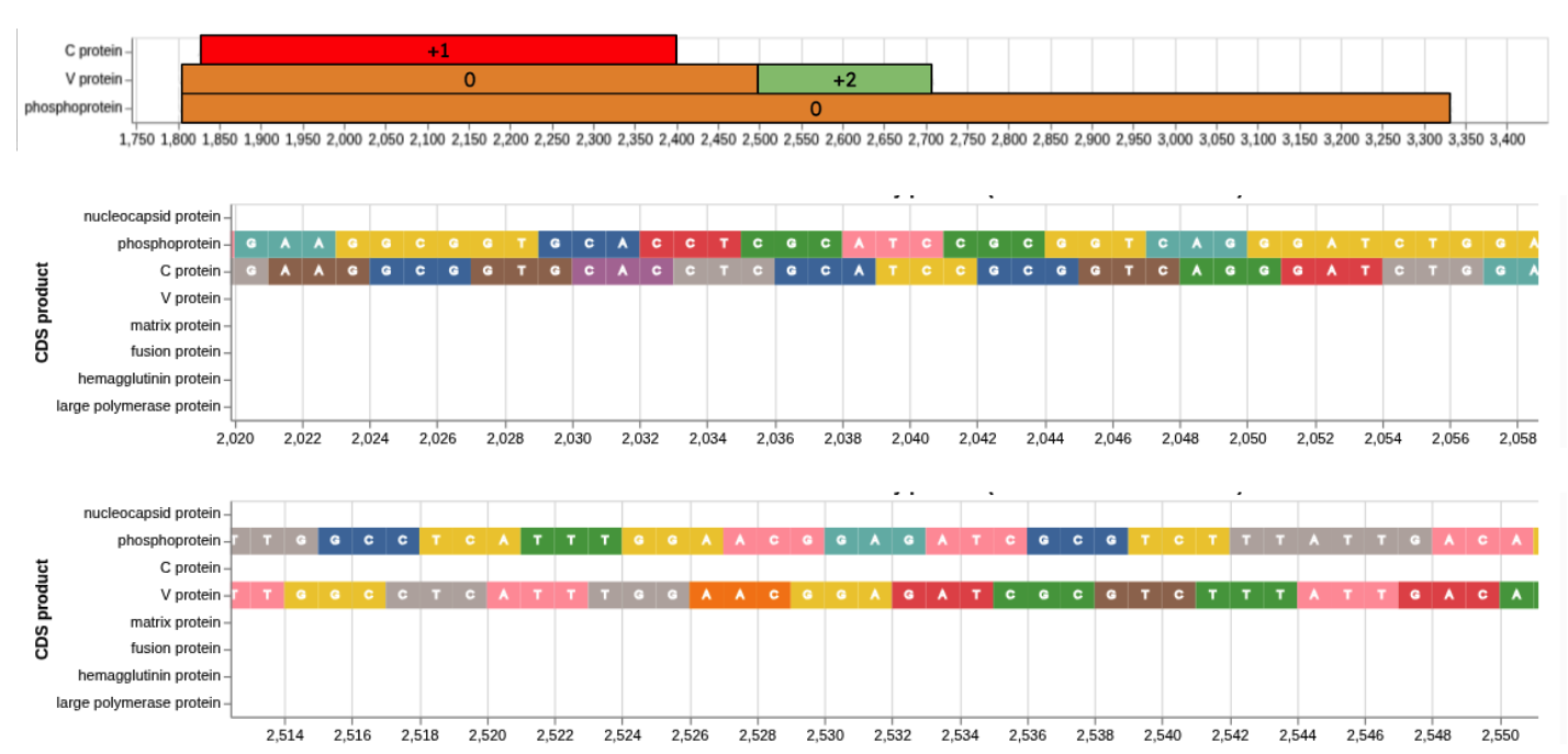 Schematic representation of overlapping reading frames within the P/V/C locus of measles virus
